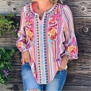 Andrée by UNIT Embroidered Floral Striped Long Sleeve Summer Blouse